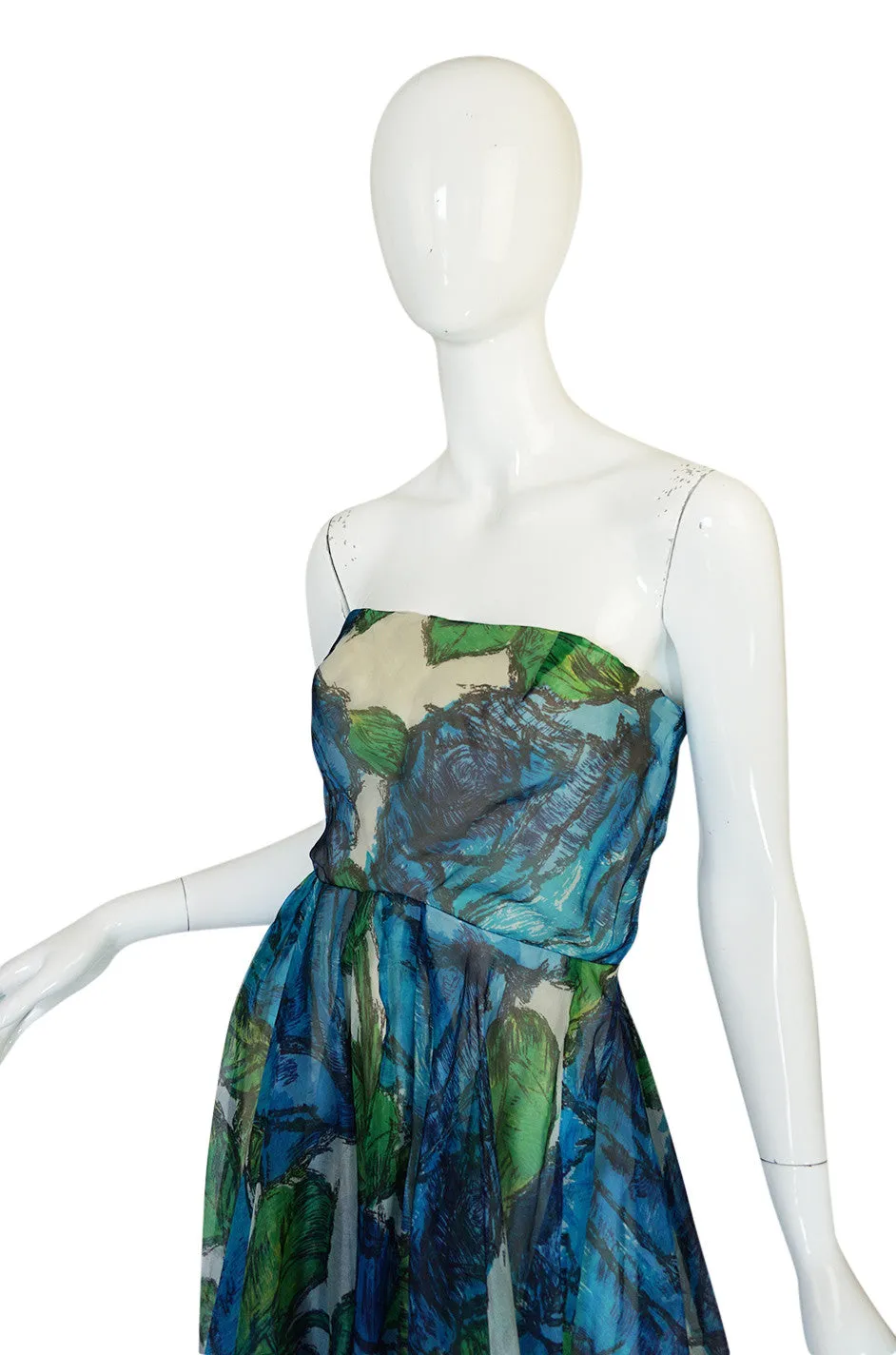 1950s Blue Strapless Silk Chiffon Helena Barbieri Dress