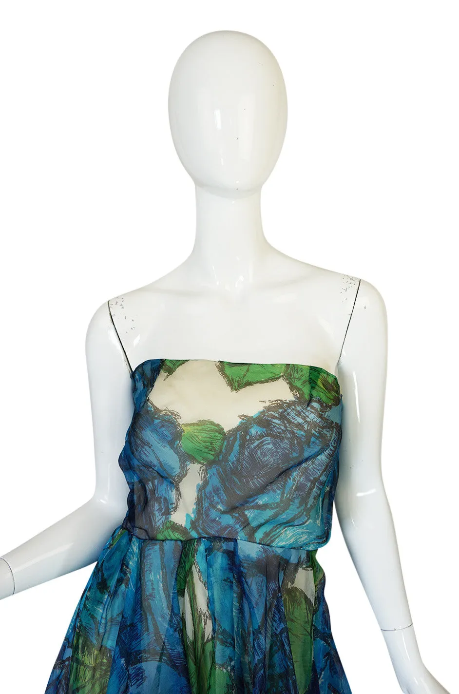 1950s Blue Strapless Silk Chiffon Helena Barbieri Dress