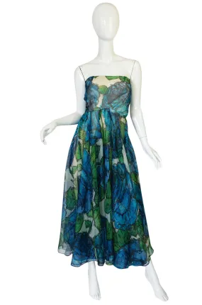 1950s Blue Strapless Silk Chiffon Helena Barbieri Dress