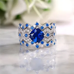 3pcs Blue Cushion Cut Zigzag Bridal Set Ring in Sterling Silver