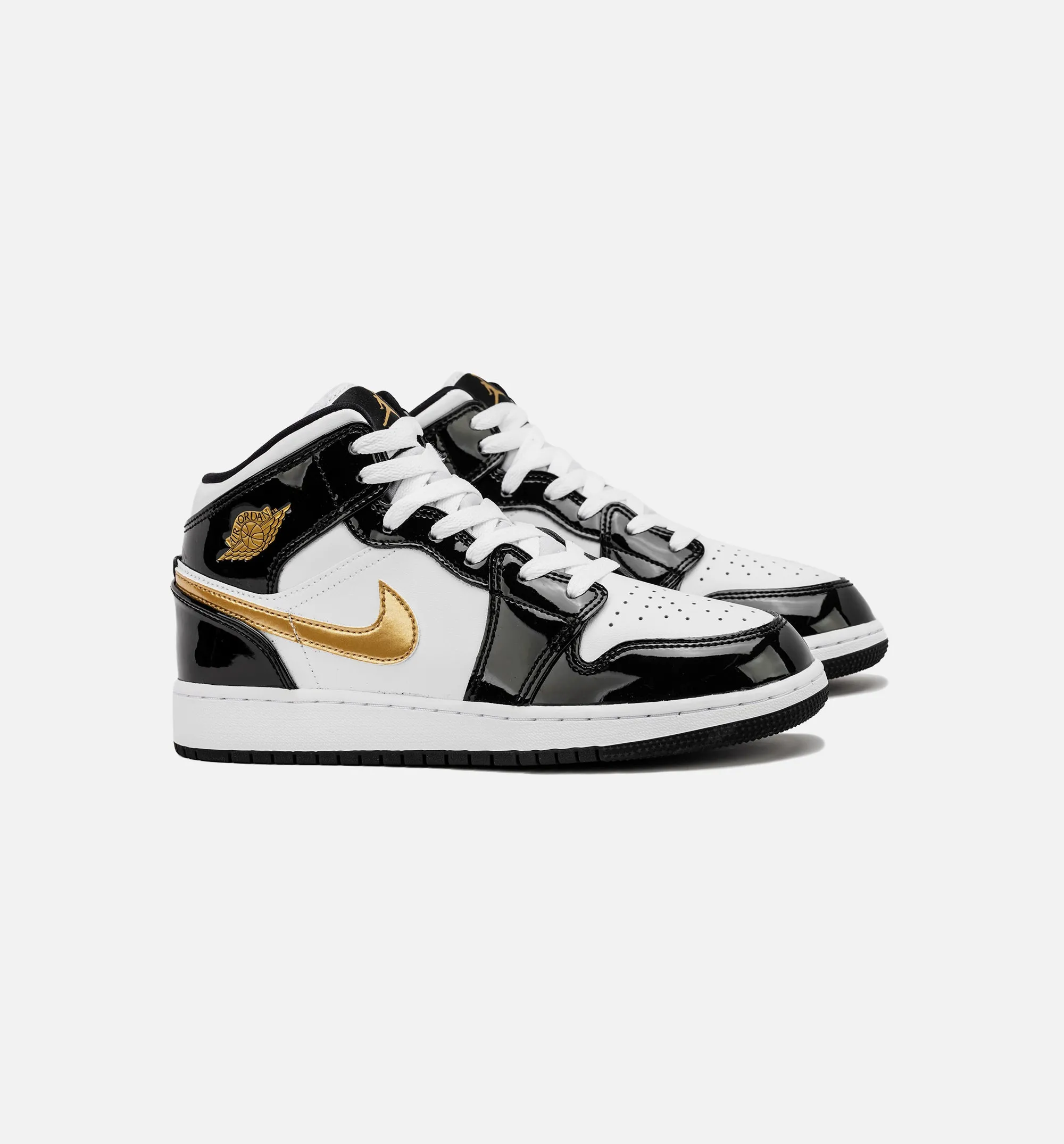 Air Jordan 1 Retro Mid SE Patent Black Gold Grade School Lifestyle Shoe - Black/Gold