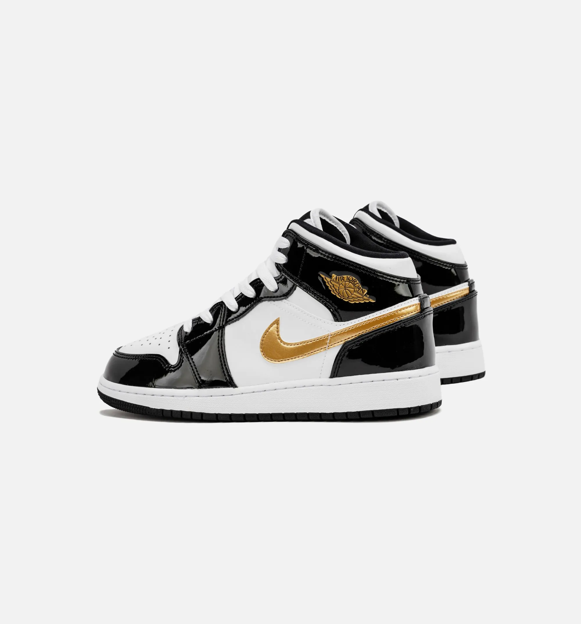 Air Jordan 1 Retro Mid SE Patent Black Gold Grade School Lifestyle Shoe - Black/Gold