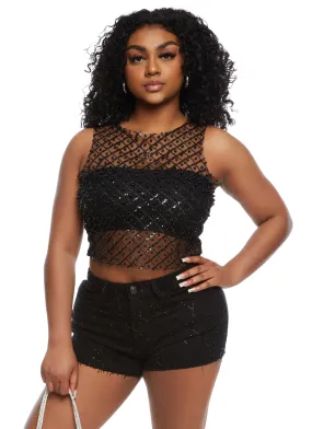 Almost Famous Rhinestone Lattice Denim Shorts