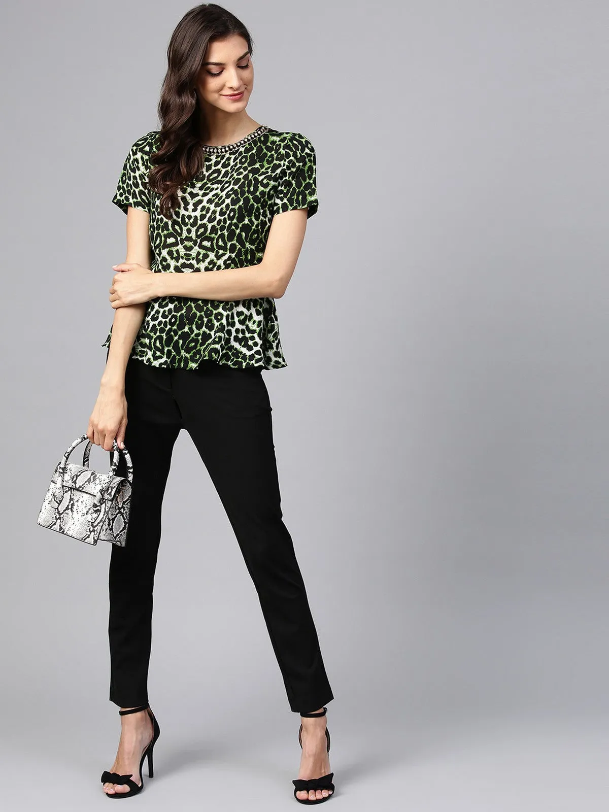 Animal Print Embellished Peplum Top