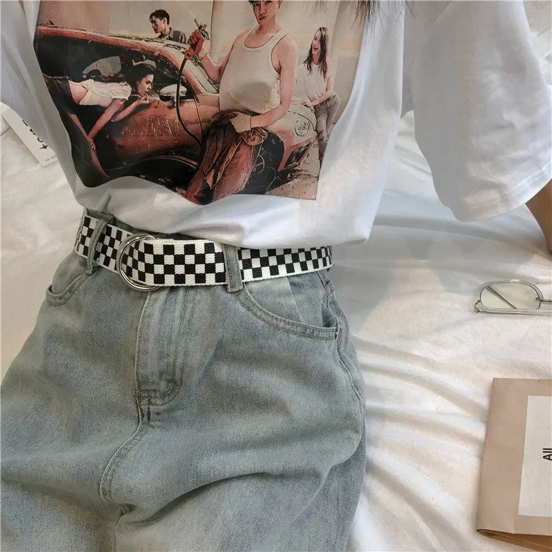 Black and white plaid belt K90615