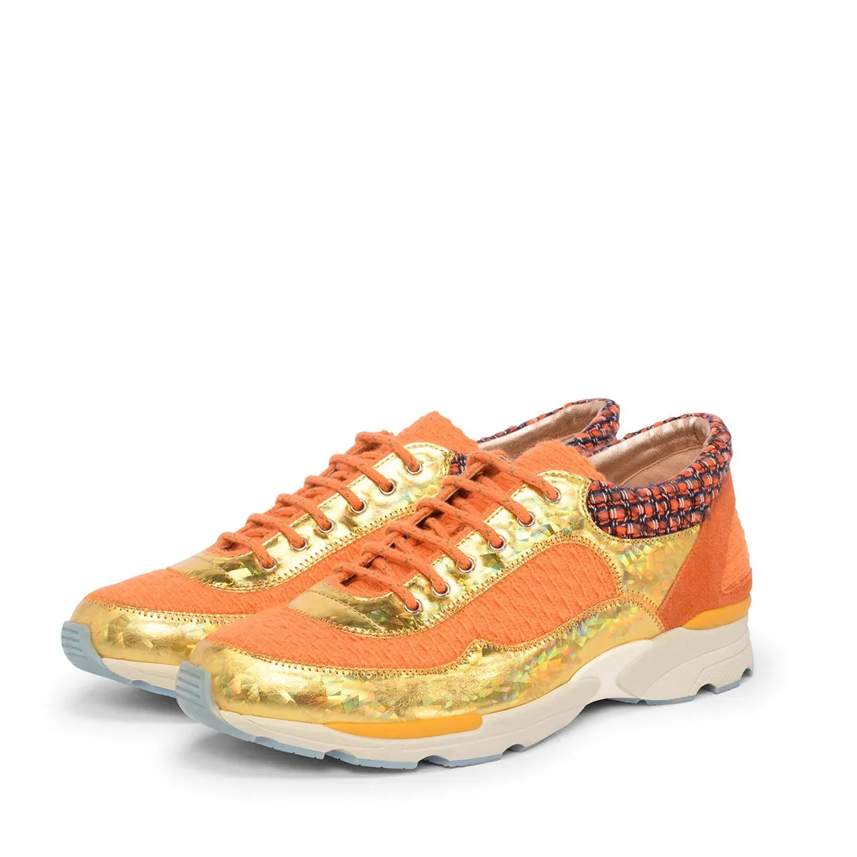 Chanel Orange & Gold Tweed CC Sneakers 39