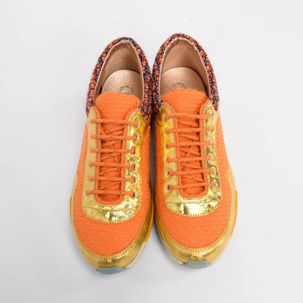 Chanel Orange & Gold Tweed CC Sneakers 39