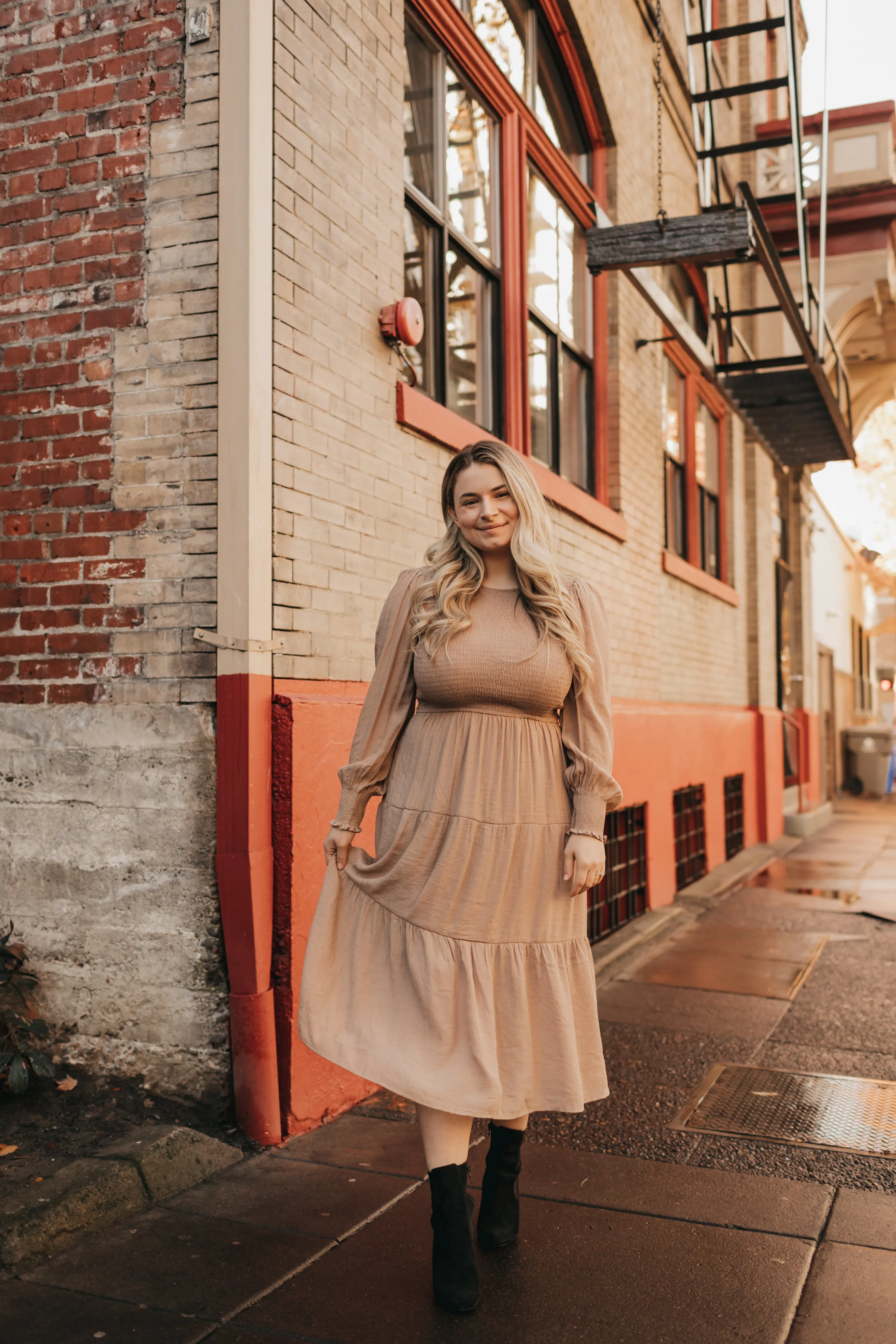 Charlotte Smocked Dress in Mocha