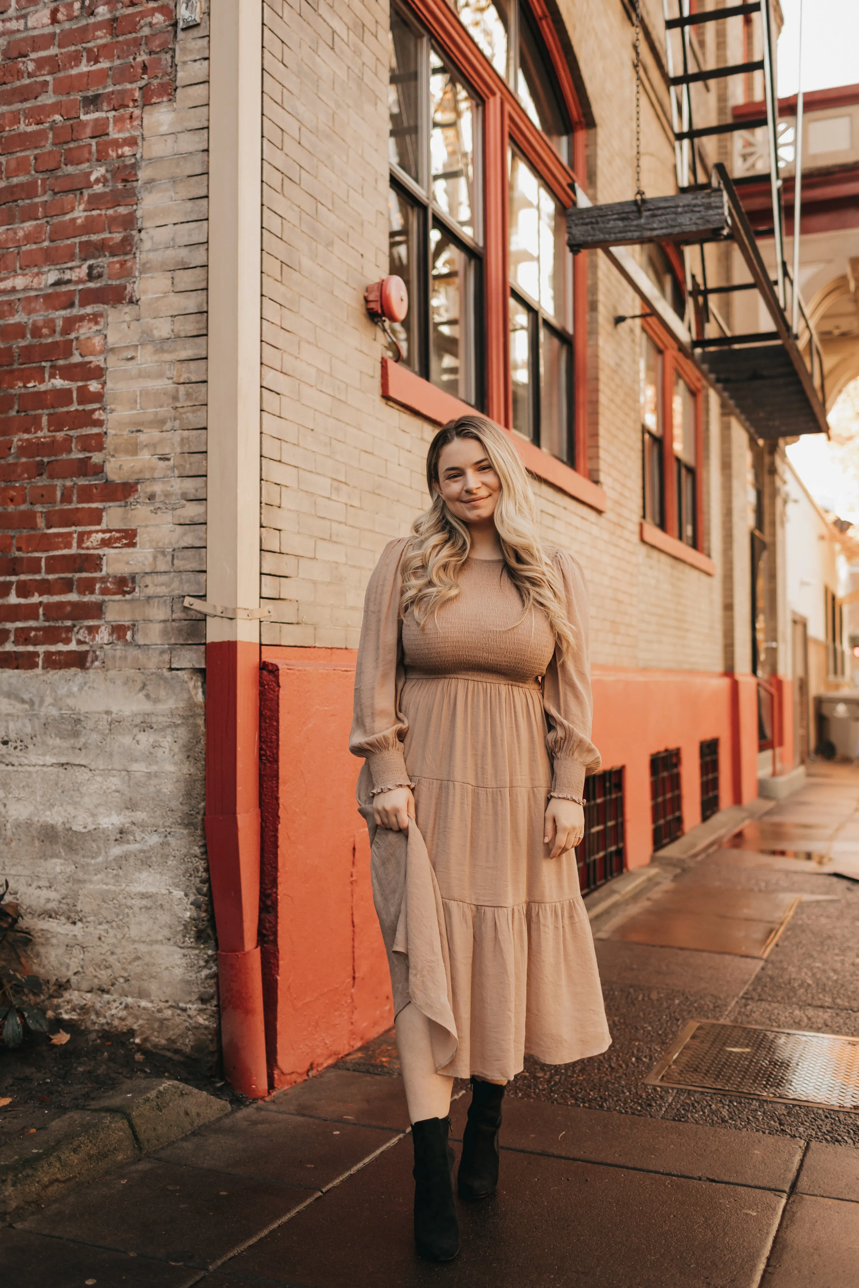 Charlotte Smocked Dress in Mocha