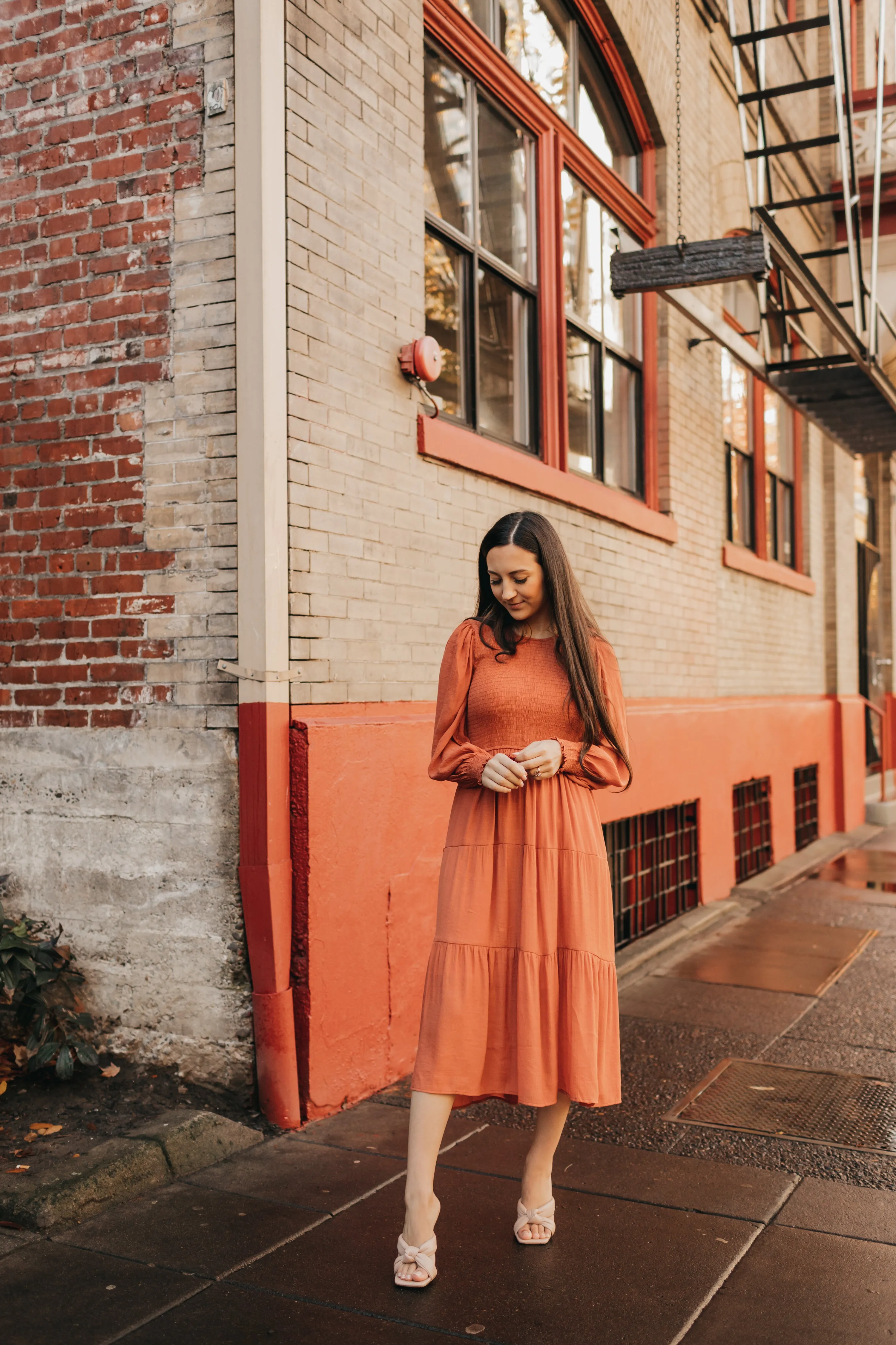 Charlotte Smocked Dress in Rust