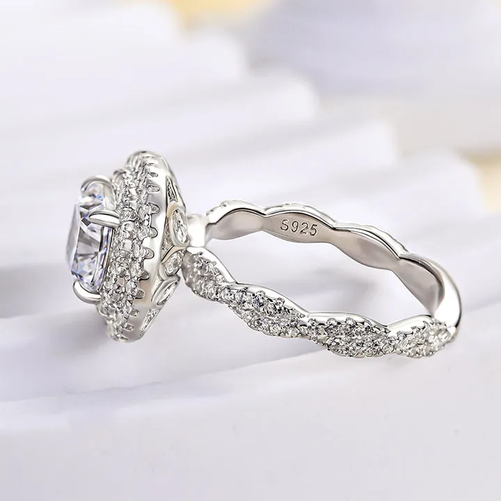 Double Halo Cushion Cut Twisted Shank Engagement Ring in Sterling Silver