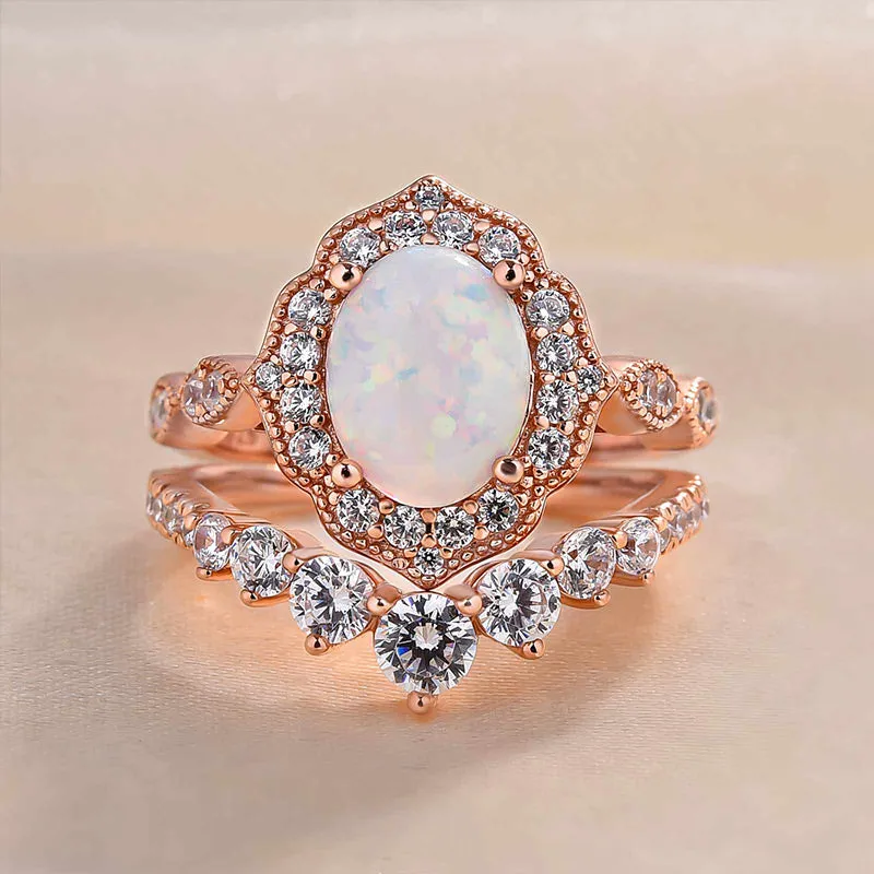 Elegant Rose Golden Tone Oval Cut Opal Bridal Set In Sterling Silver