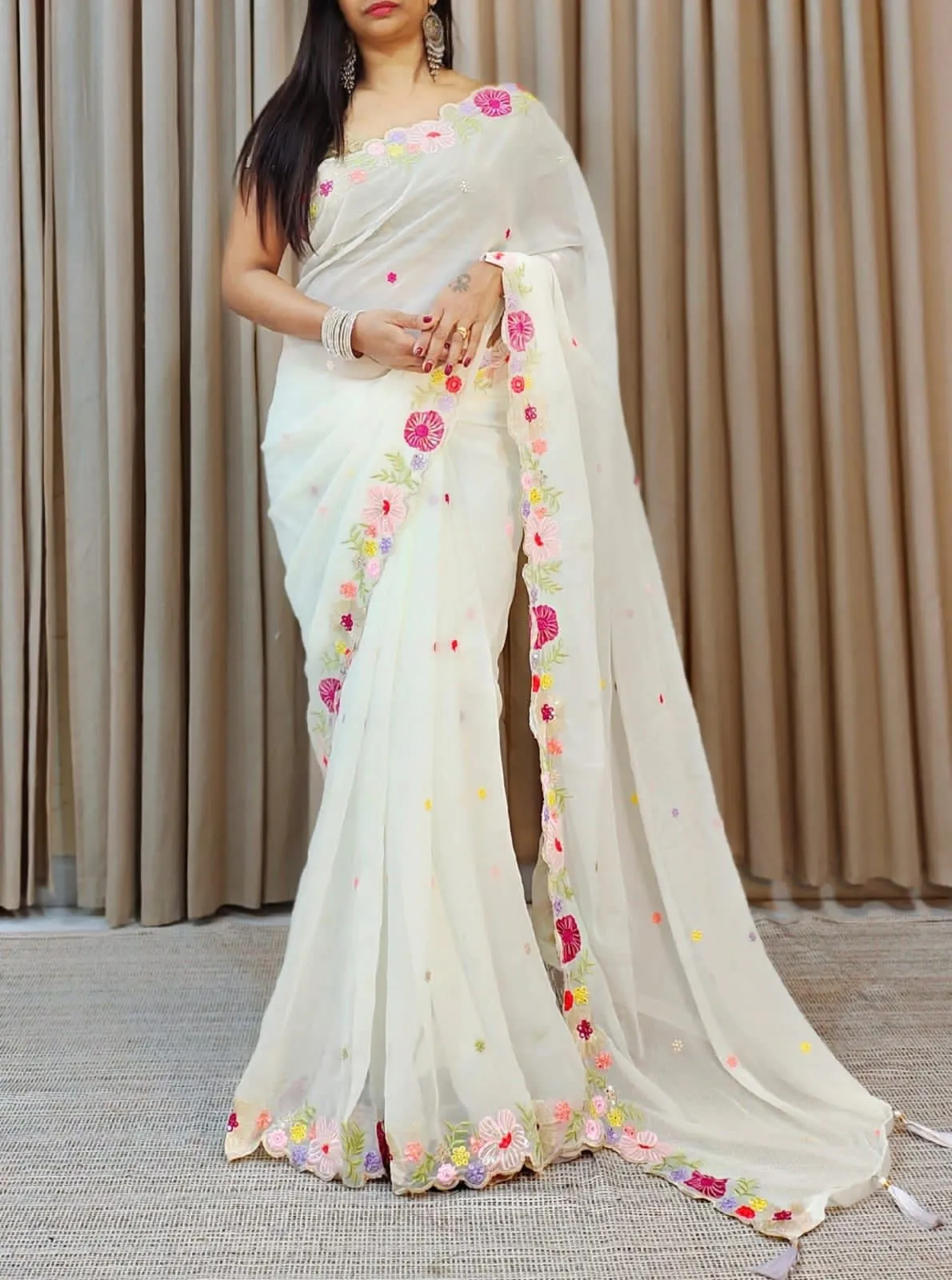 Elegant White Colored Faux Georgette With Designer Embroidery work Saree For Women