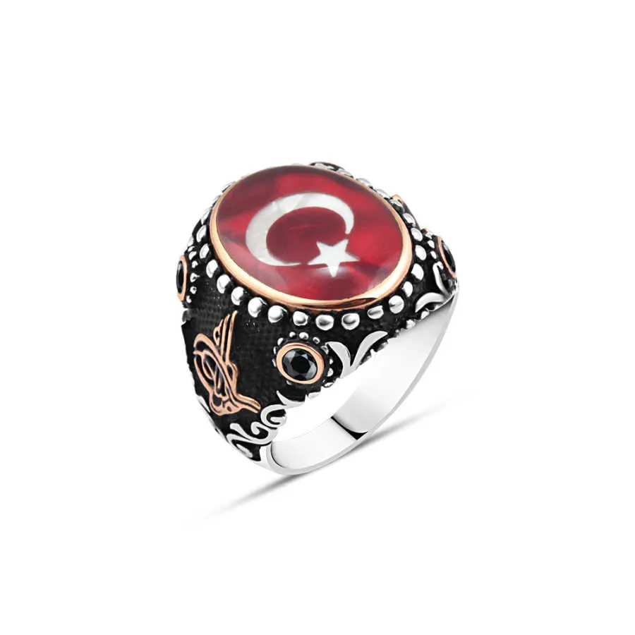 Enameled Turkish Flag Ellipse Silver Men's Ring Siding Ottoman Tughra and Zircon Stones