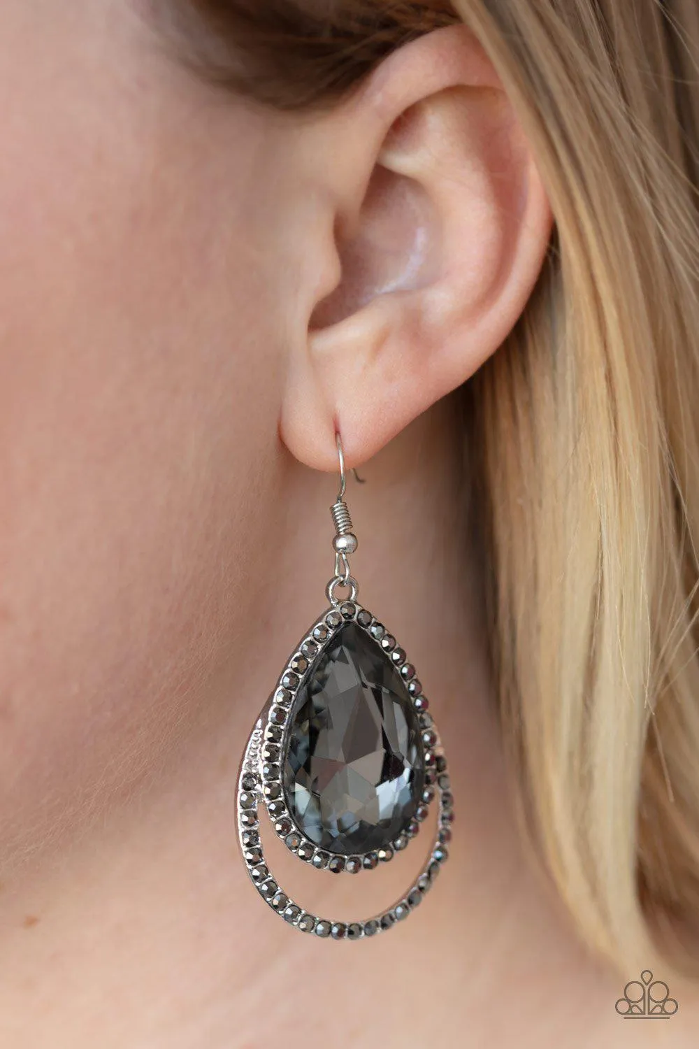 Famous Silver Rhinestone Teardrop Earrings - Paparazzi Accessories