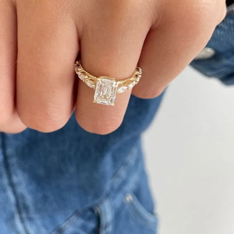 Gold Plated Vintage Emerald Cut Engagement Ring with Side Stones