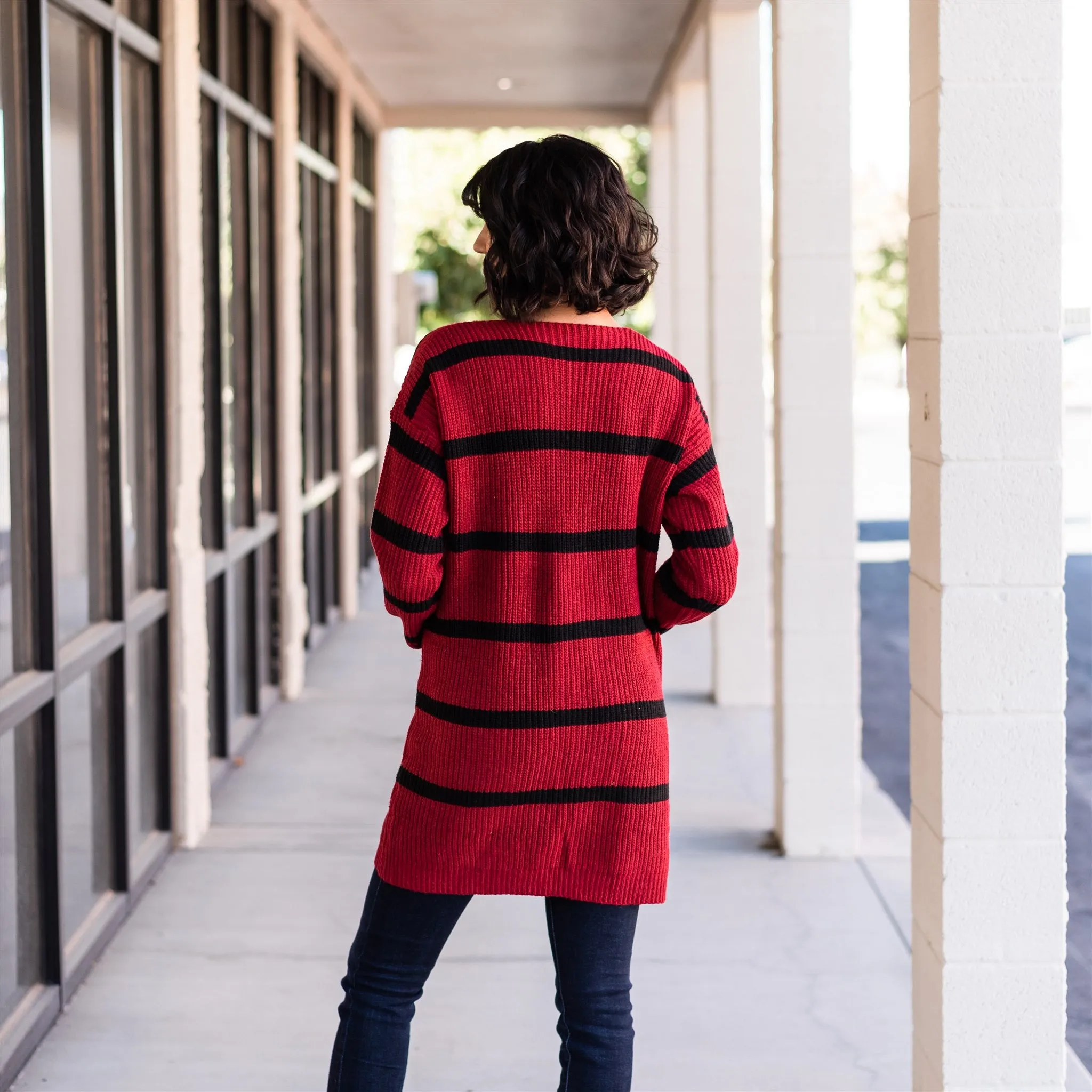 Long Cozy Striped Cardigan: Cranberry/Black