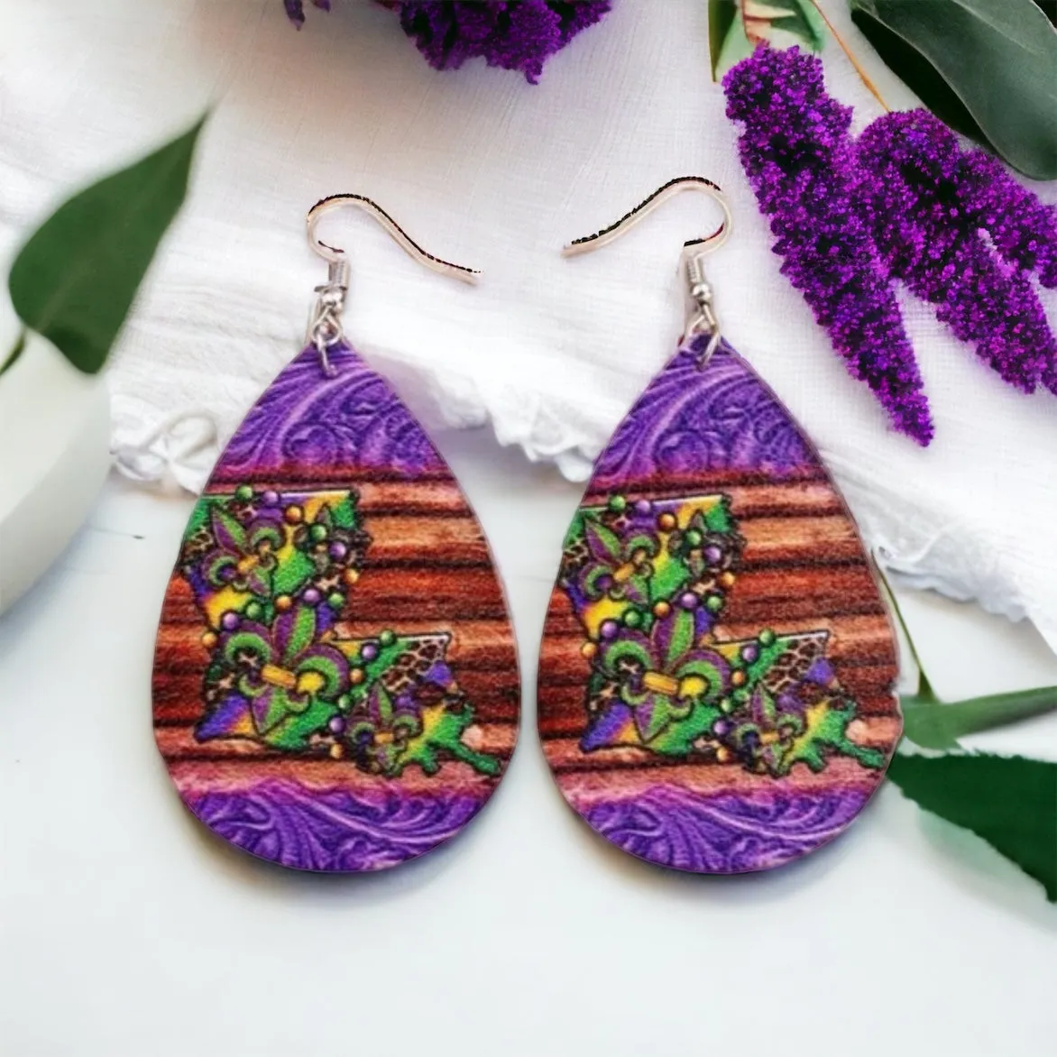 Louisiana Mardi Gras Earrings - Handmade Jewelry, Rhinestone Earrings, New Orleans, NOLA, Purple Green Gold, Mardi Gras Jewelry, Parade Outfit