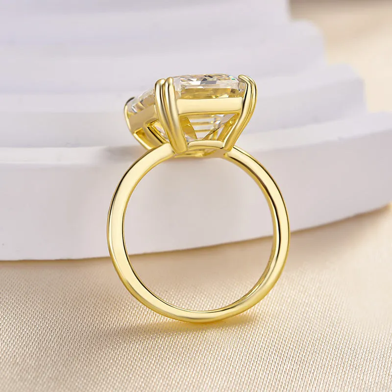 Luxurious Golden Emerald Cut Engagement Ring In Sterling Silver