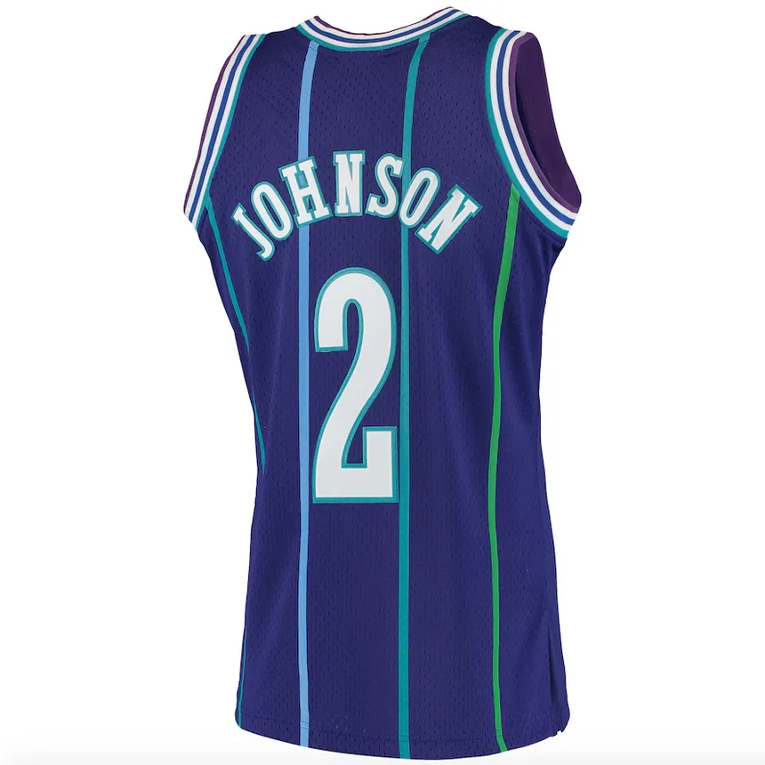 Mens Larry Johnson Charlotte Hornets 1994-95 Purple Swingman Replica Jersey By Mitchell & Ness