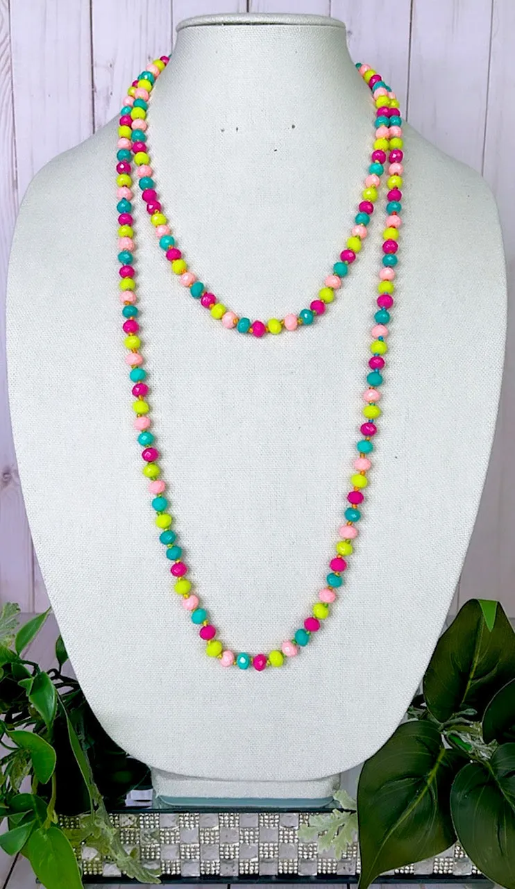 Multi Color Crystal 60" Layering Necklace (neon yellow, turquoise, pink, magenta)