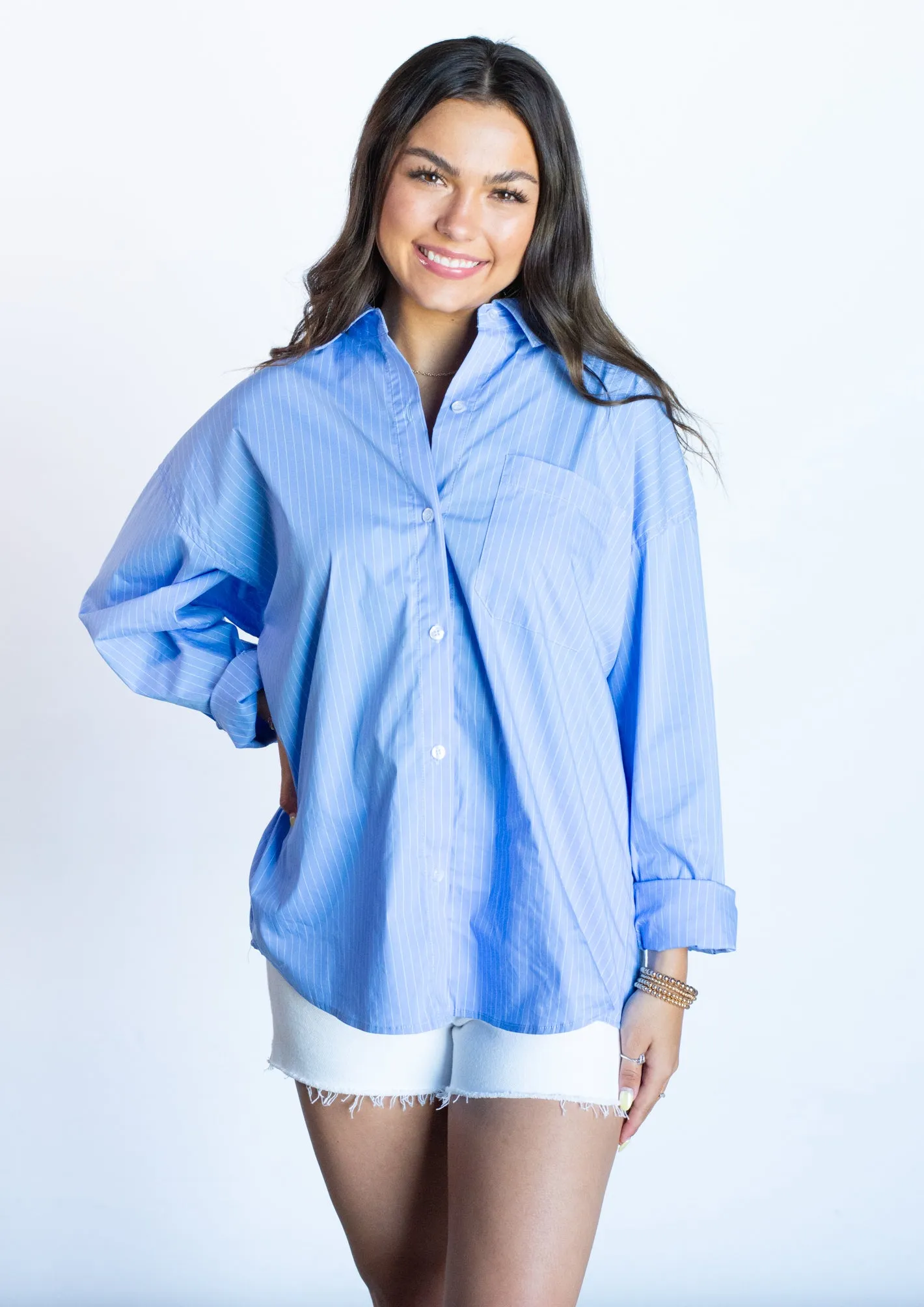 Summer is in the Air Blue Striped Button Down Top