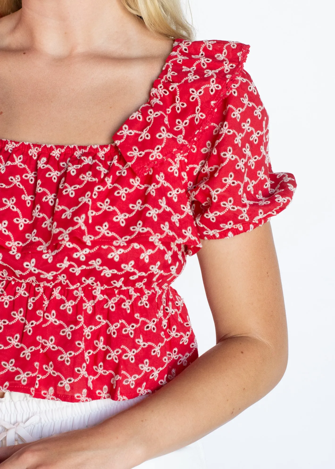 Sun-Kissed Serenity Red Lace Detail Top