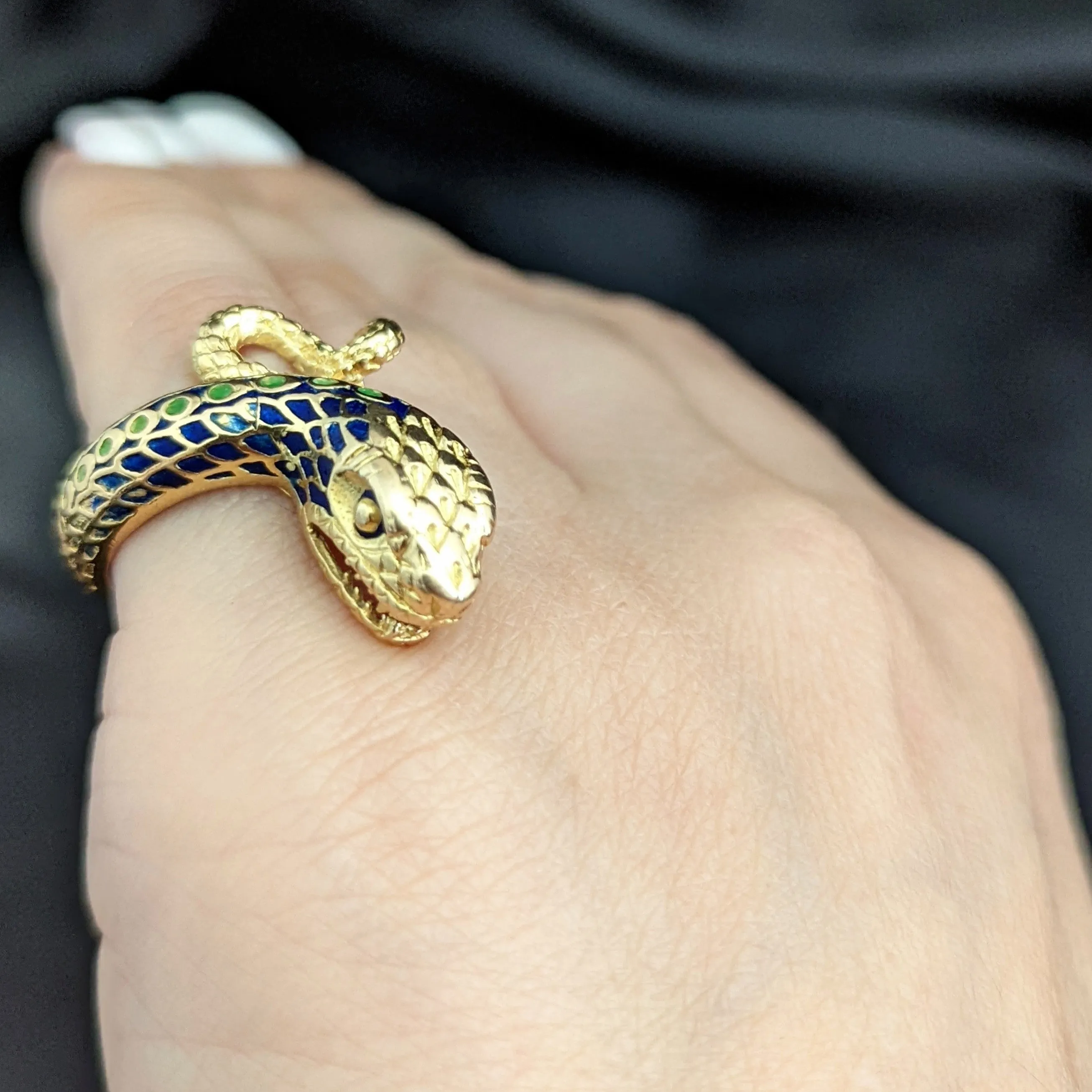 The Charlotte - Vintage 18k Gold Enamel Coiled Snake Cocktail Ring c.1960s