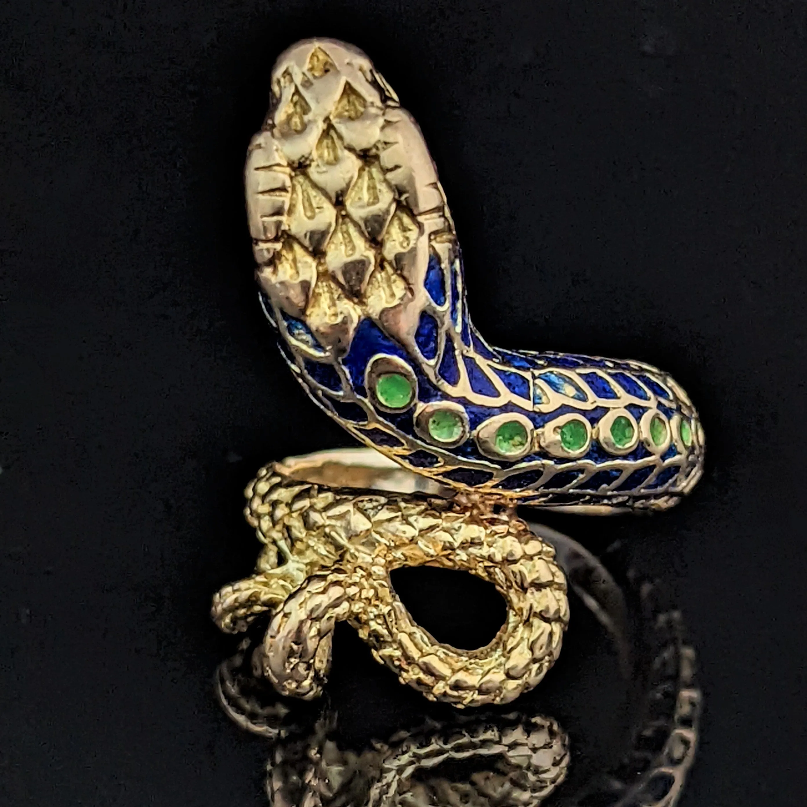 The Charlotte - Vintage 18k Gold Enamel Coiled Snake Cocktail Ring c.1960s