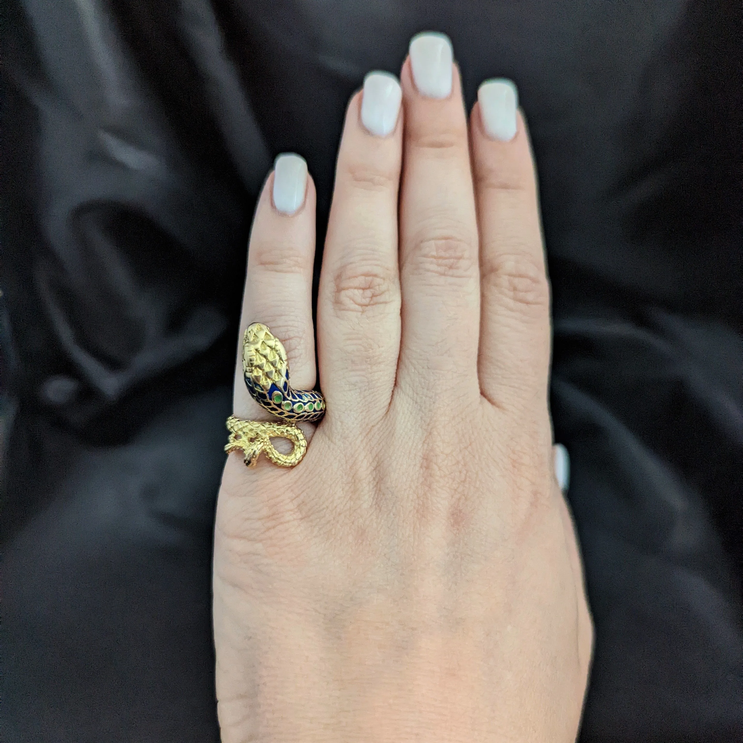 The Charlotte - Vintage 18k Gold Enamel Coiled Snake Cocktail Ring c.1960s