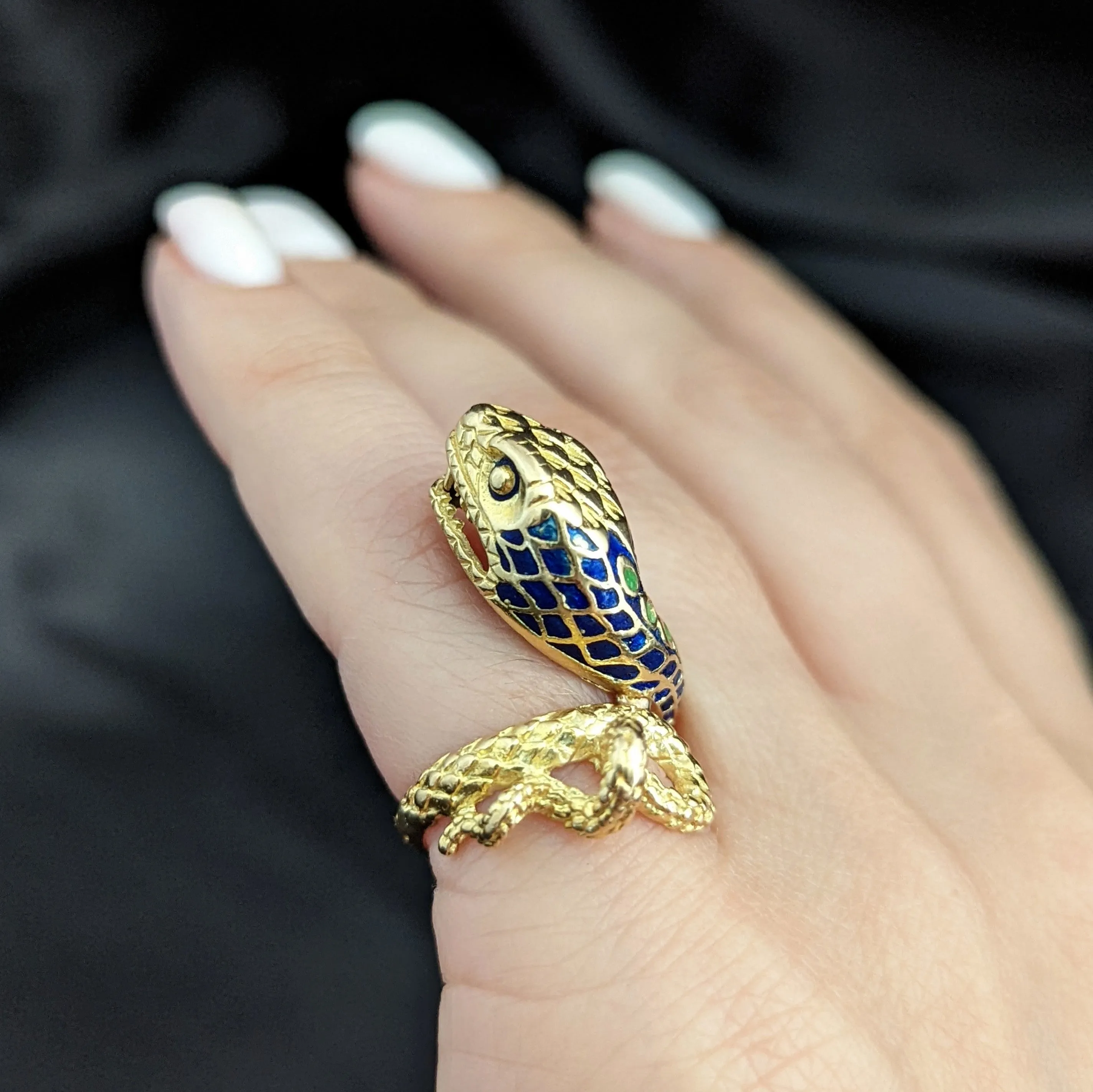 The Charlotte - Vintage 18k Gold Enamel Coiled Snake Cocktail Ring c.1960s