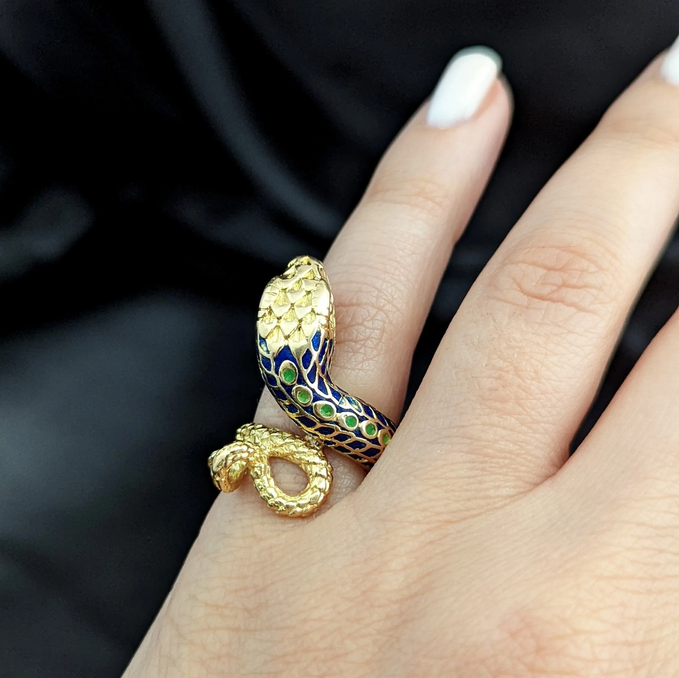 The Charlotte - Vintage 18k Gold Enamel Coiled Snake Cocktail Ring c.1960s