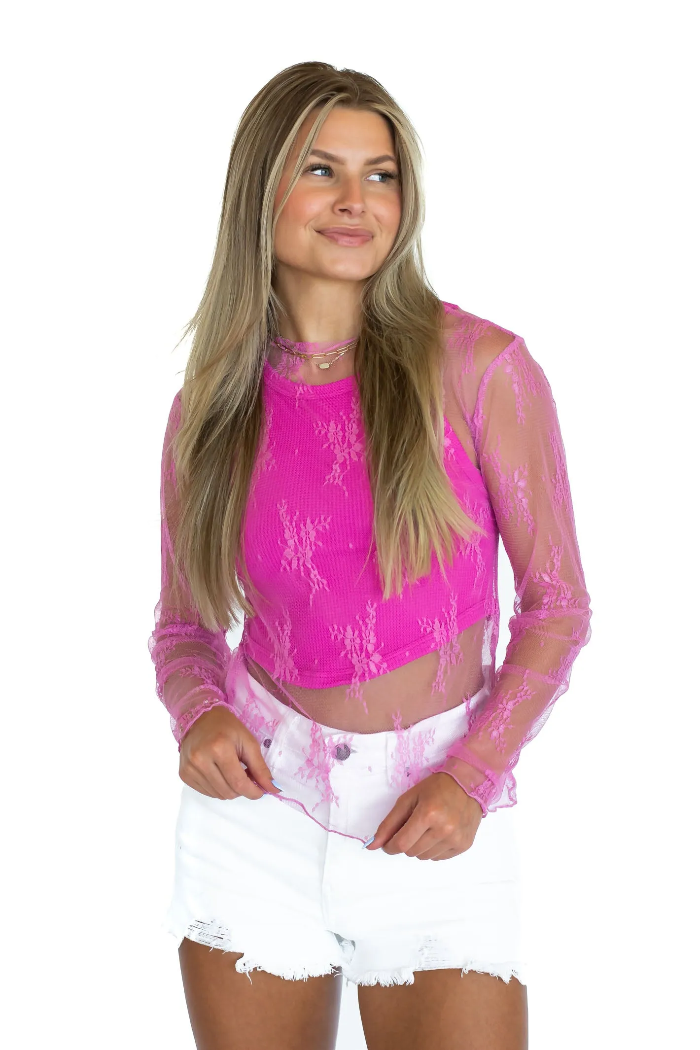 Tickle Me Pink Lace Mesh Top