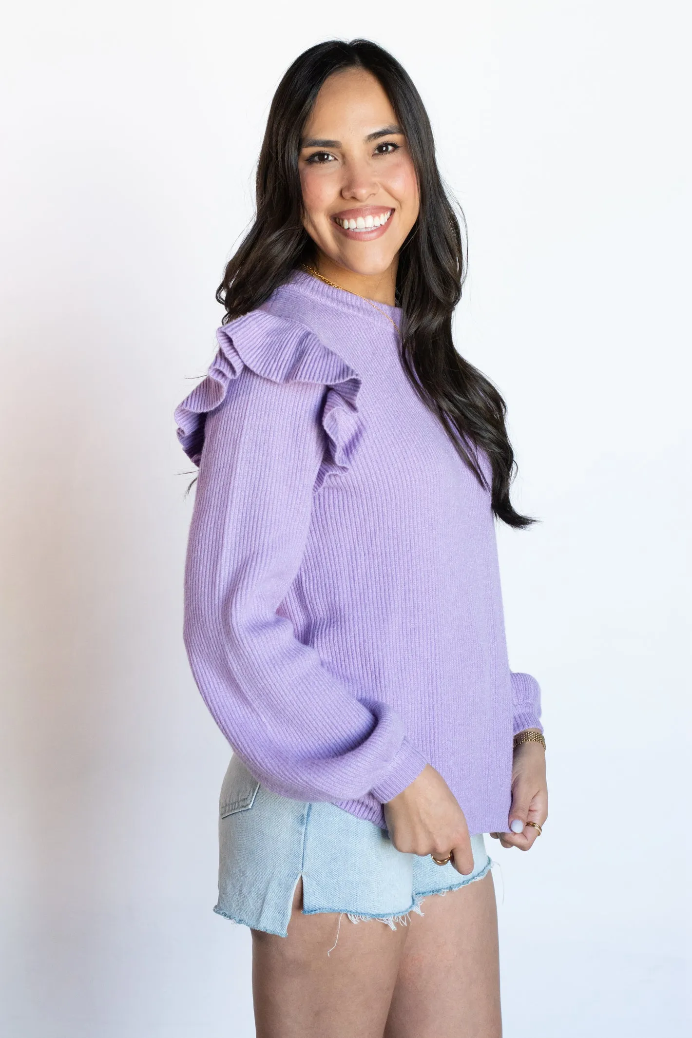 Warm Impression Ruffle Sleeve Lavender Sweater